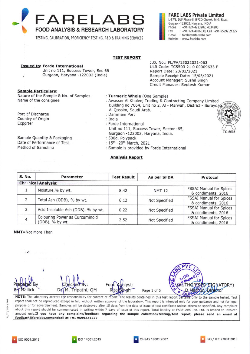 Test Report of Turmeric Whole